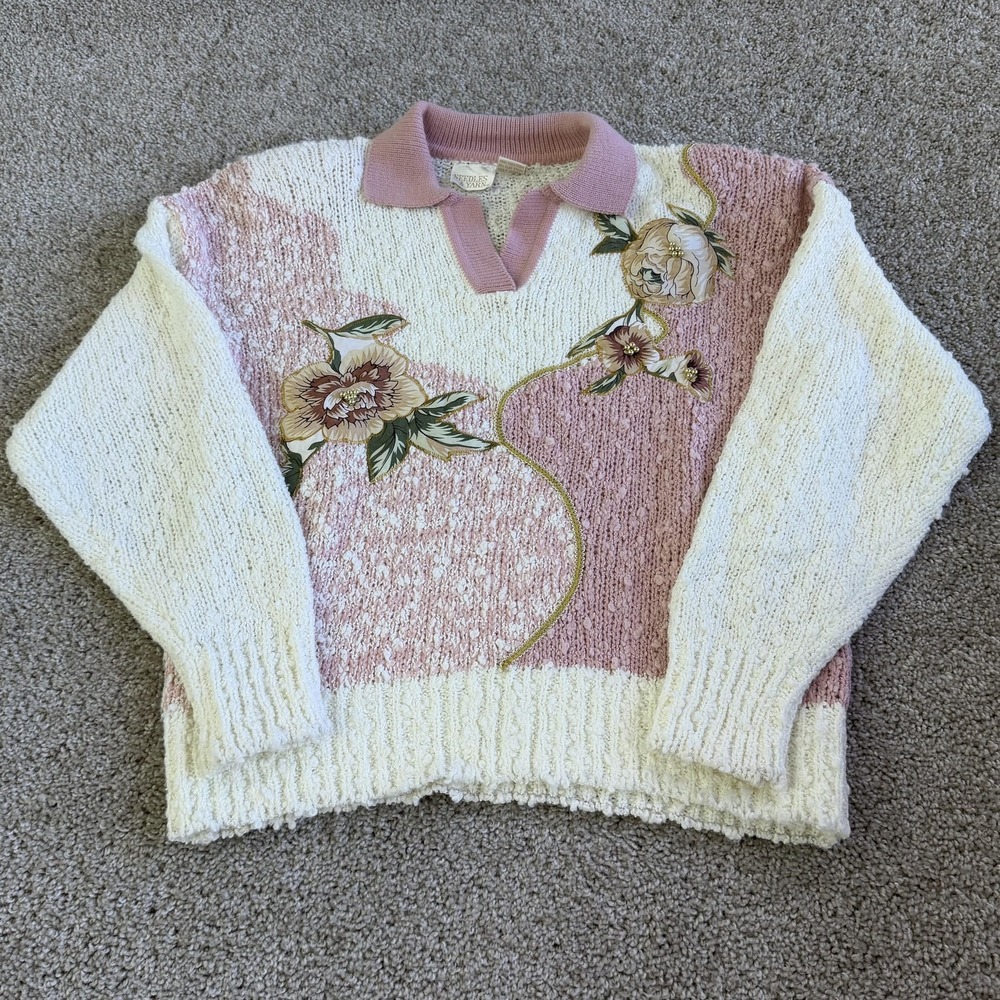Vintage Needles & Yarn Sweater Womens L White Pink Floral Collared Knit Pullover